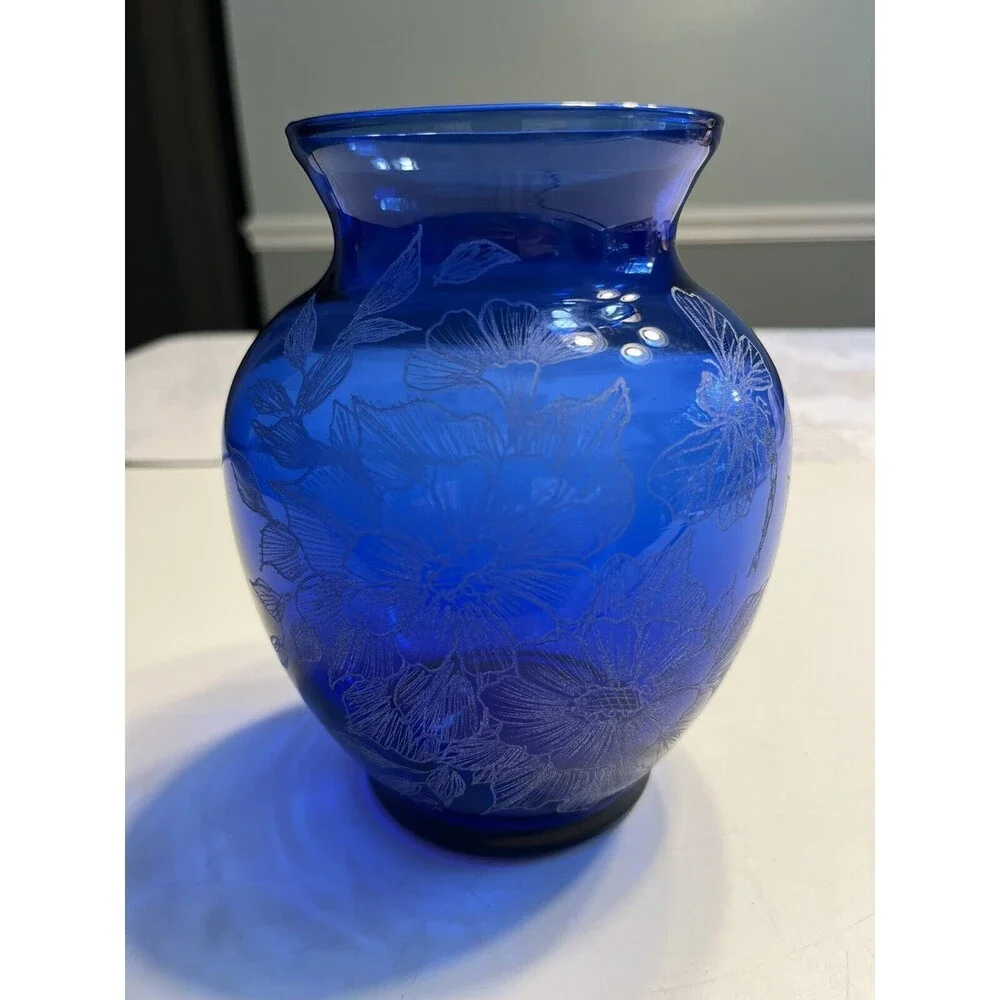 Hand Painted Floral Dragonfly Blue Glass Vase Artist Signed S Conrad